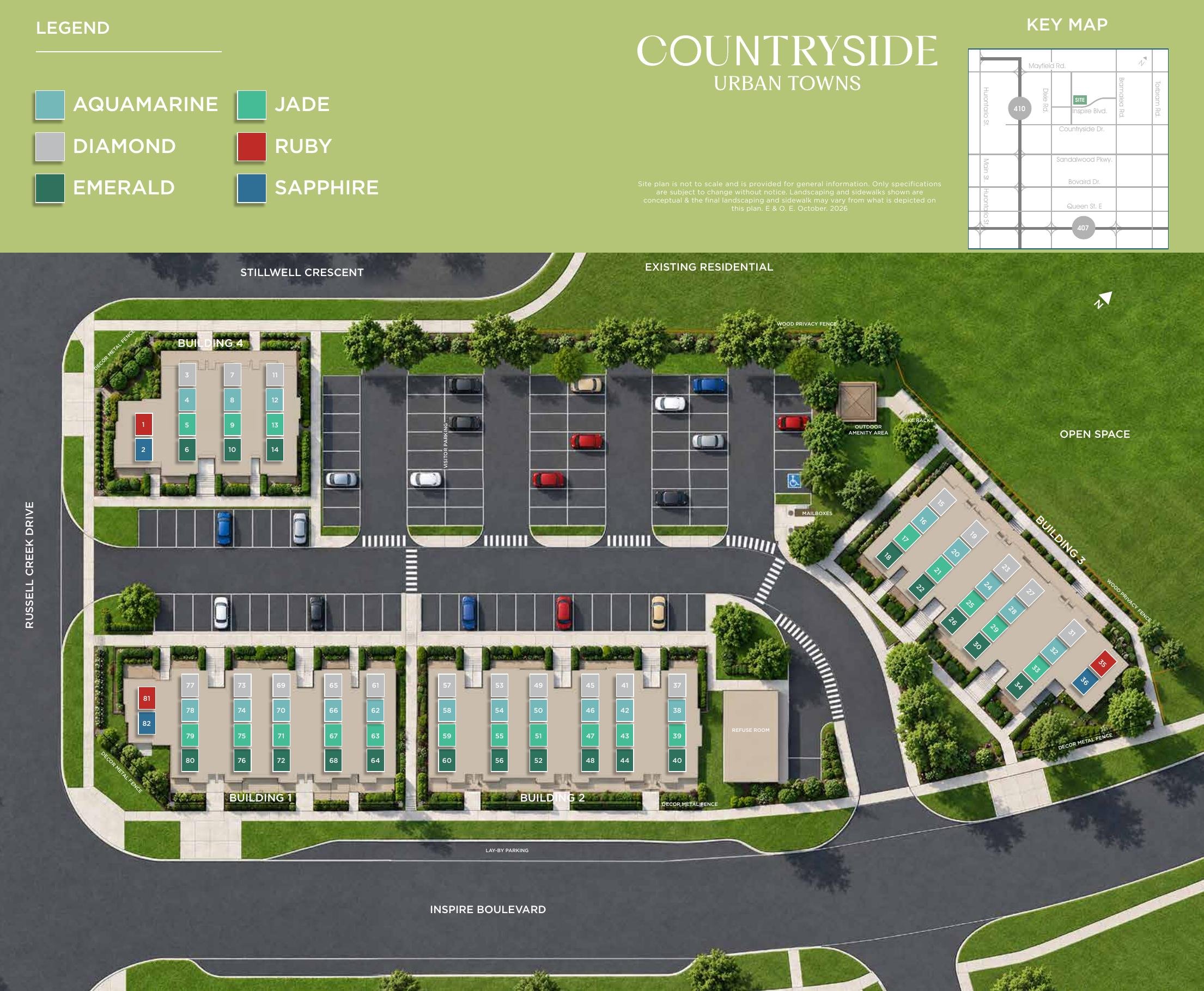 Countryside Urban Towns site plan showing the six model buildings, parking and open space